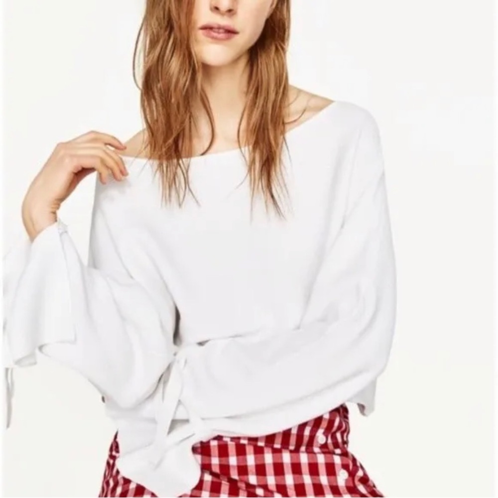 * Host pick* ZARA KNIT Ribbed knit Cropped Top Tie Cuff Bell Sleeves Sweater